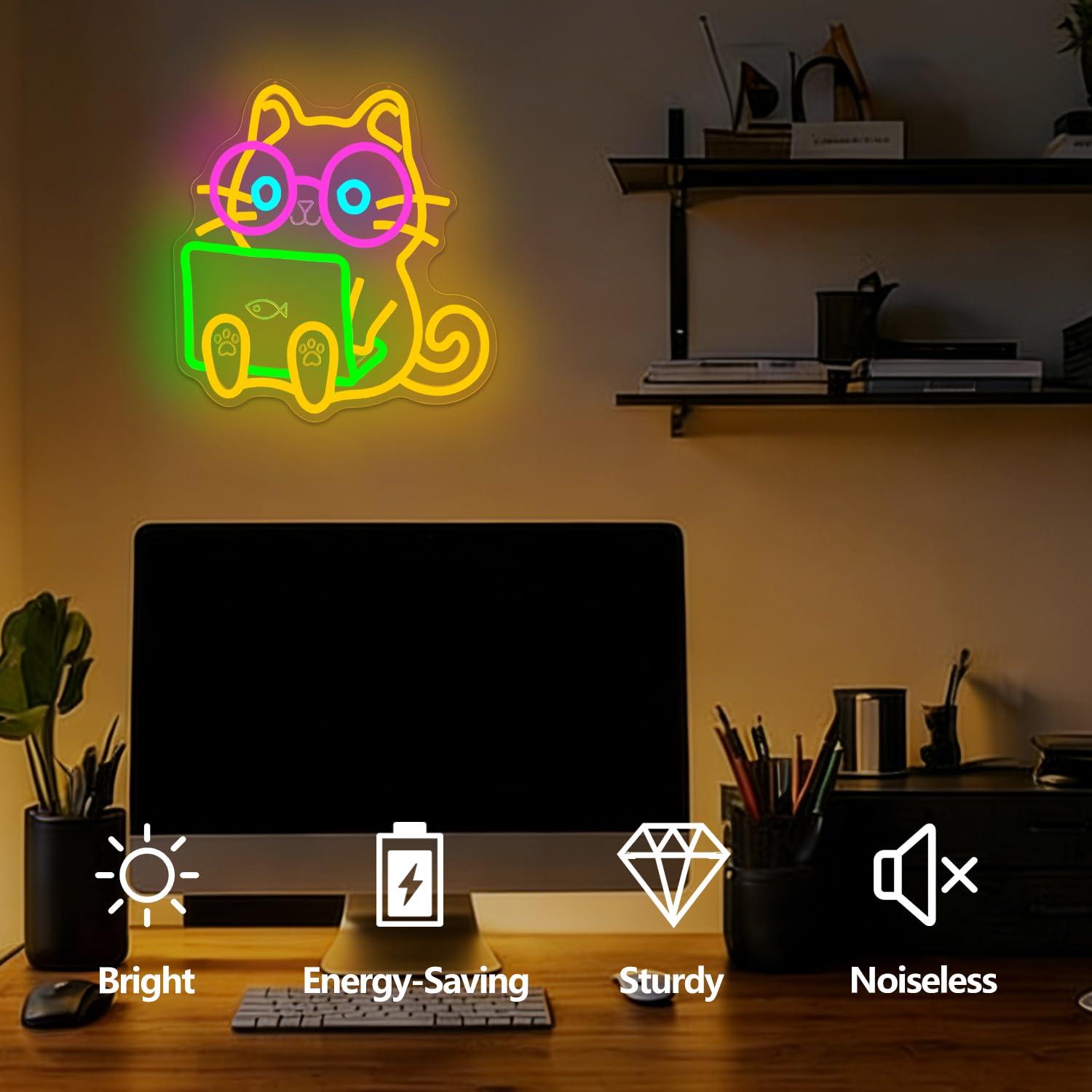 Cat Laptop Neon Sign USB Dimma - Tech Office Wall 评论和价格