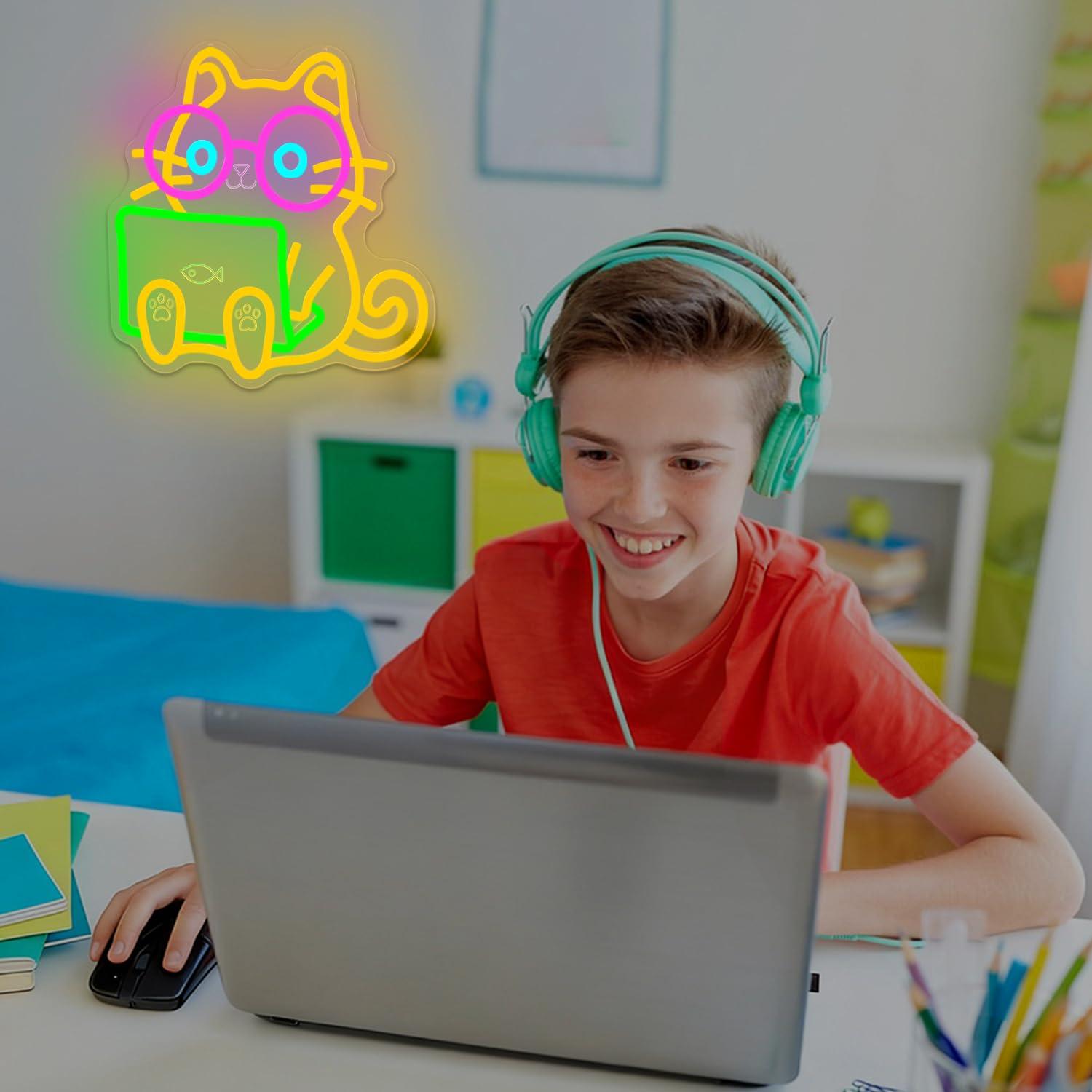 Cat Laptop Neon Sign USB Dimma - Tech Office Wall 评论和价格